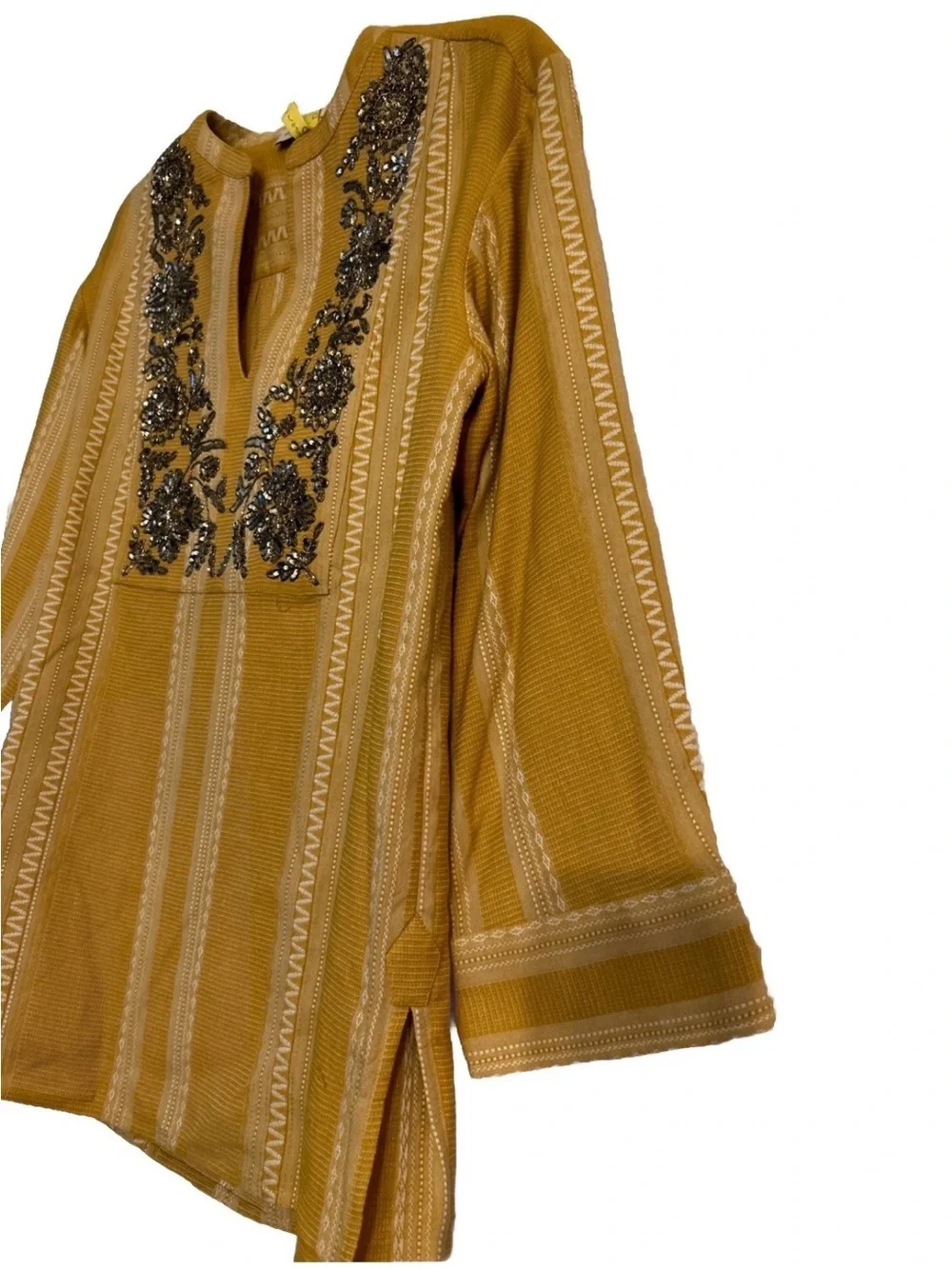 Tory Burch Set Women Sequin Embellished Yellow & Ivory Cotton Tunic 8 & Pants 6